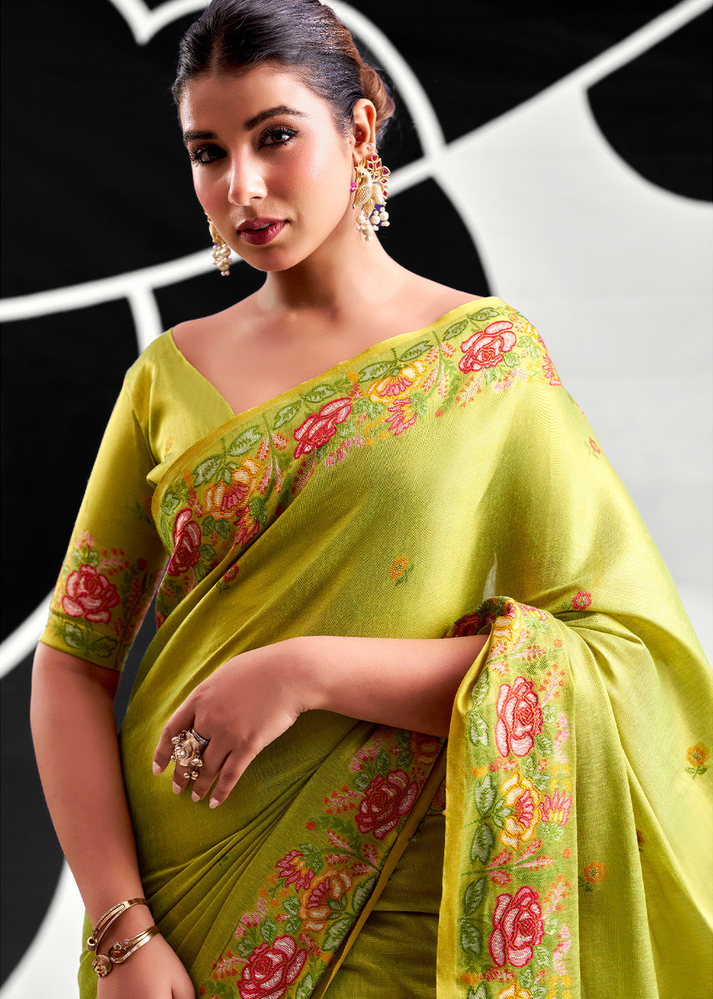 Avocado Green Tissue Silk Festive Saree with Floral Embroidered Artistry
