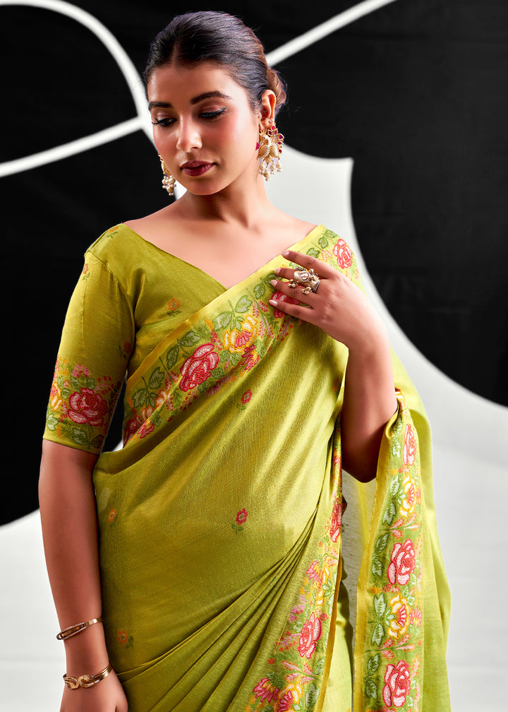 Avocado Green Tissue Silk Festive Saree with Floral Embroidered Artistry