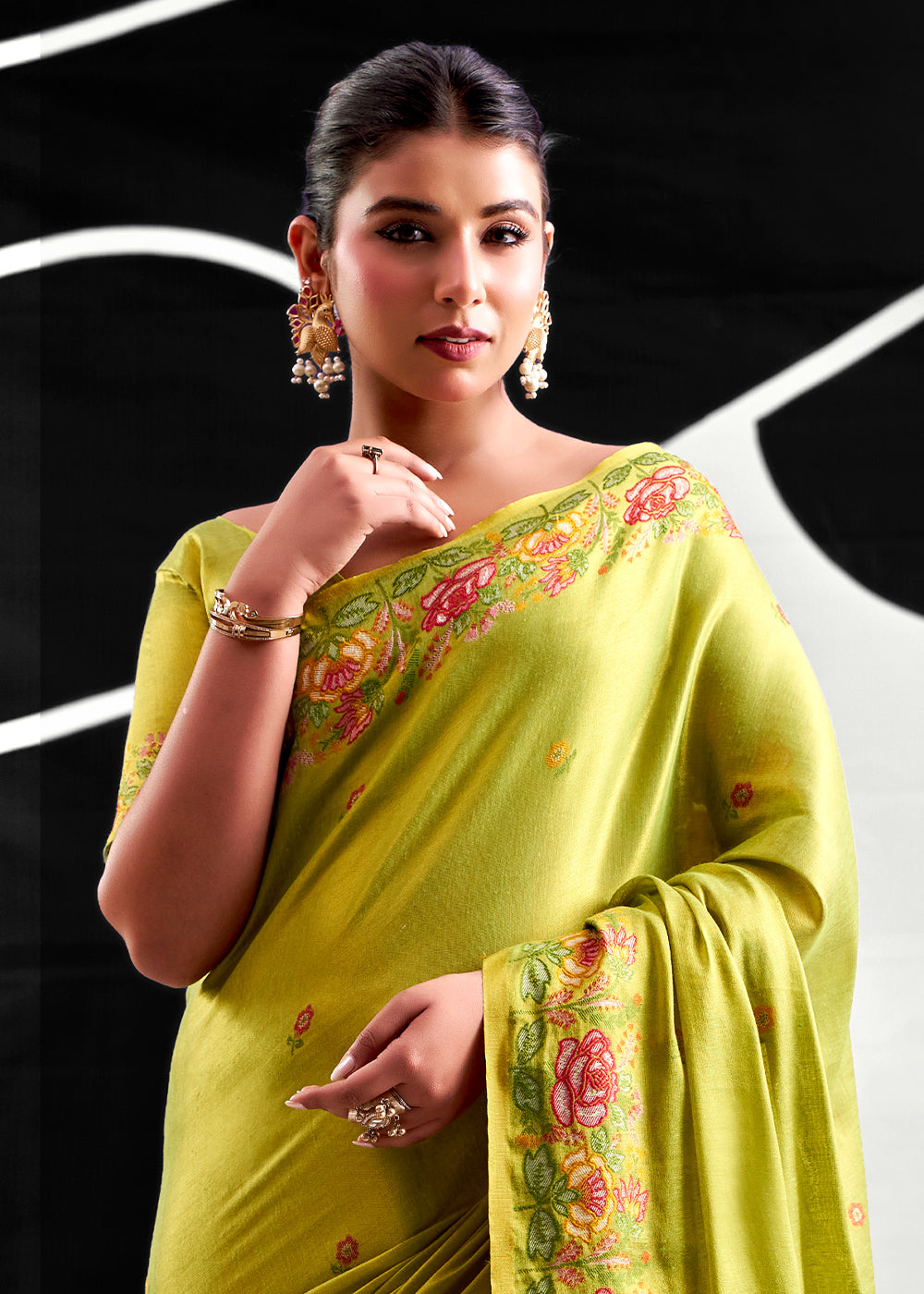 Avocado Green Tissue Silk Festive Saree with Floral Embroidered Artistry