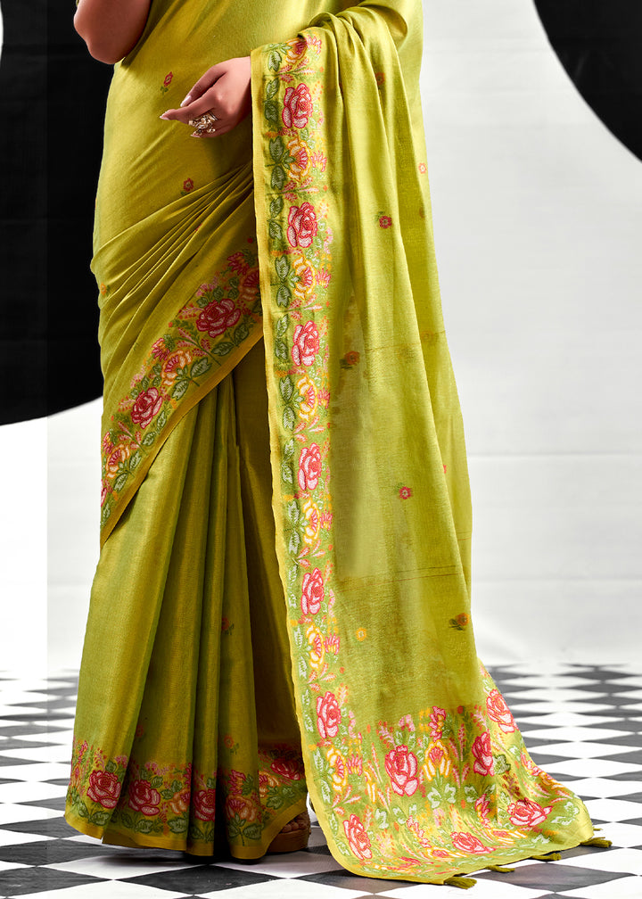 Avocado Green Tissue Silk Festive Saree with Floral Embroidered Artistry