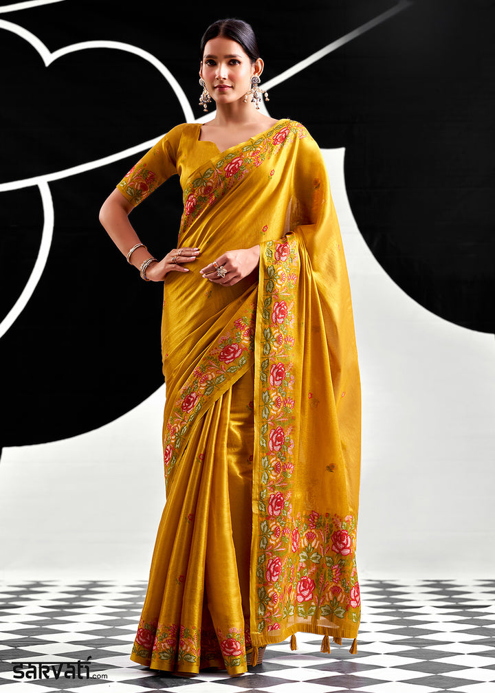 Golden Yellow Tissue Silk Festive Saree with Floral Embroidered Artistry