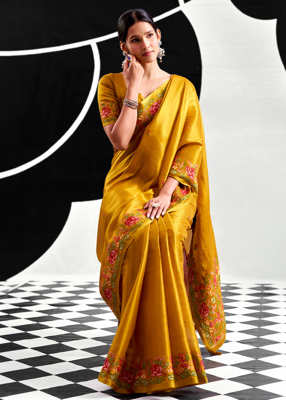 Golden Yellow Tissue Silk Festive Saree with Floral Embroidered Artistry
