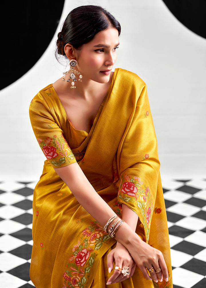 Golden Yellow Tissue Silk Festive Saree with Floral Embroidered Artistry
