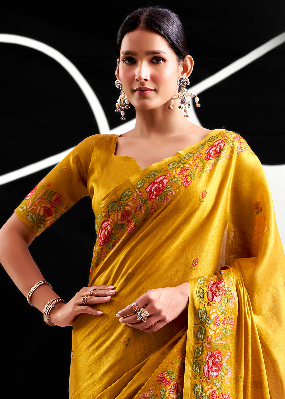Golden Yellow Tissue Silk Festive Saree with Floral Embroidered Artistry