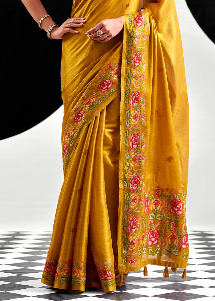Golden Yellow Tissue Silk Festive Saree with Floral Embroidered Artistry