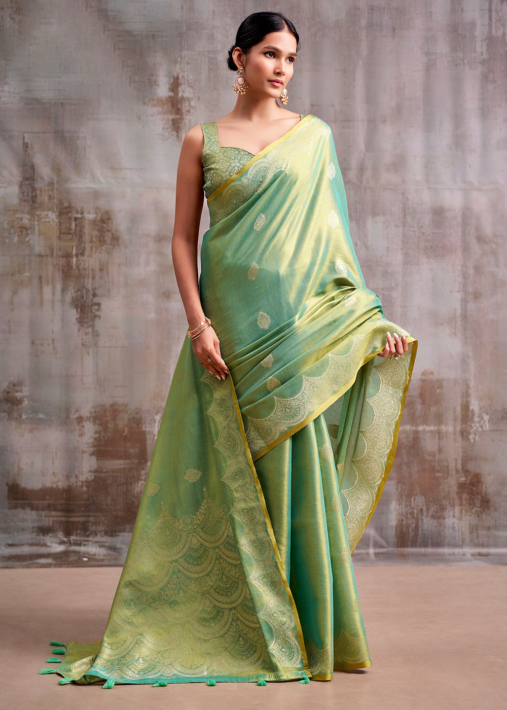 Shades of Green Tissue Silk Saree with Intricate Zari Artistry