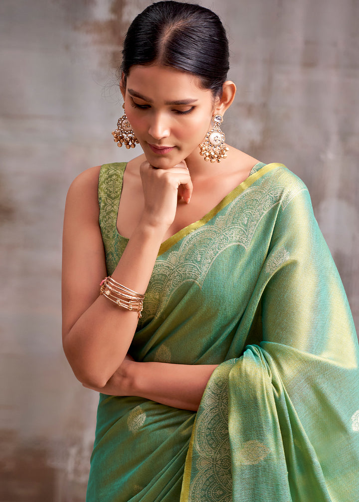Shades of Green Tissue Silk Saree with Intricate Zari Artistry