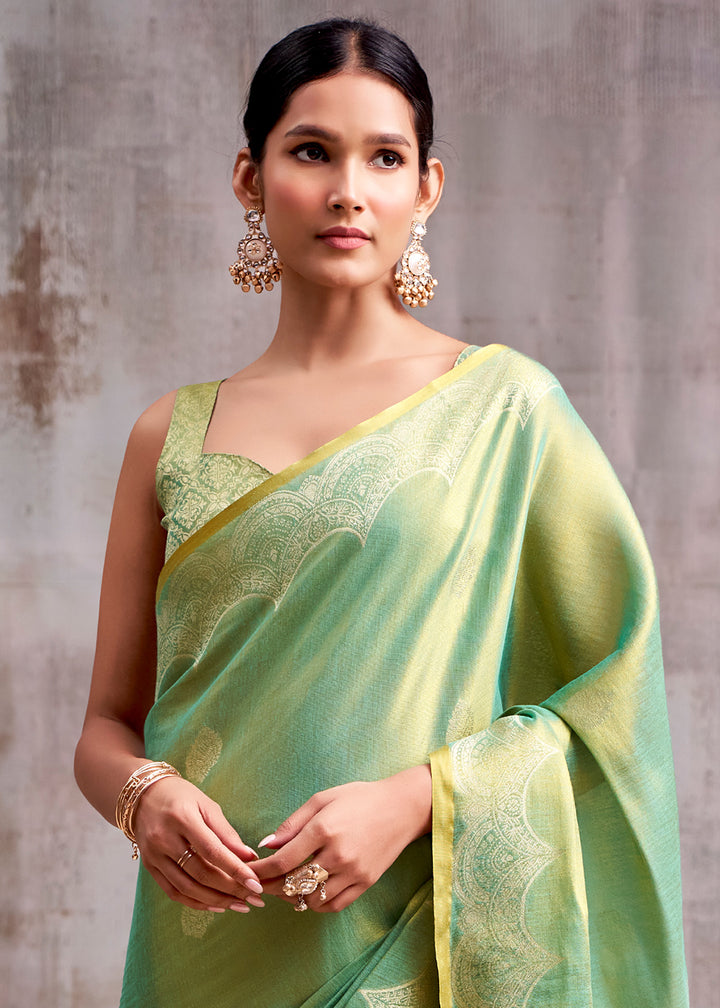 Shades of Green Tissue Silk Saree with Intricate Zari Artistry