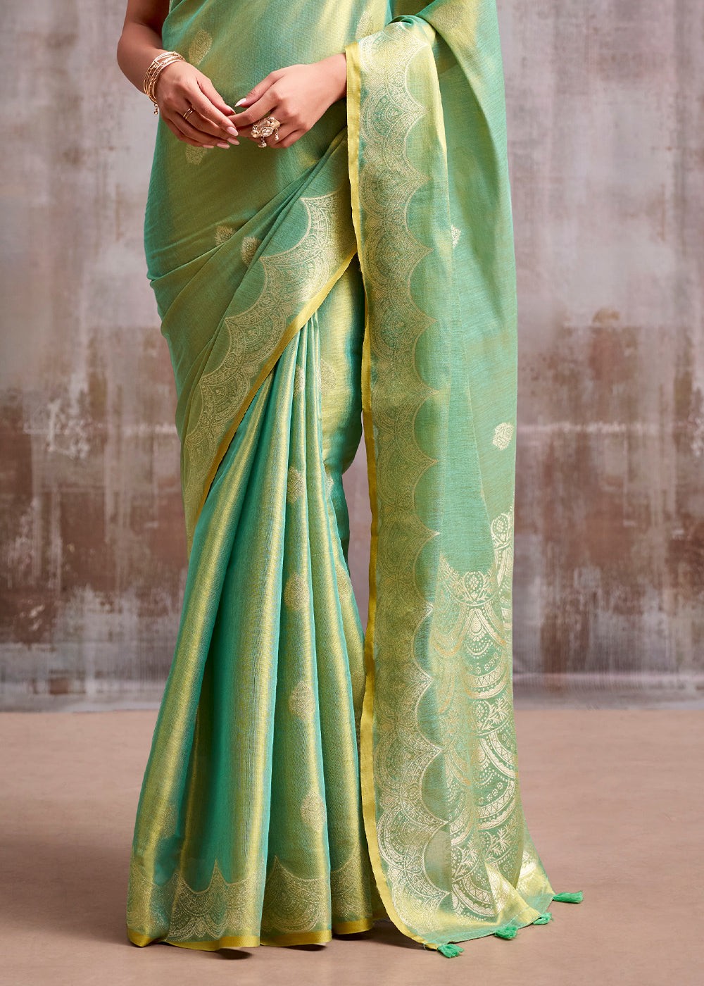 Shades of Green Tissue Silk Saree with Intricate Zari Artistry
