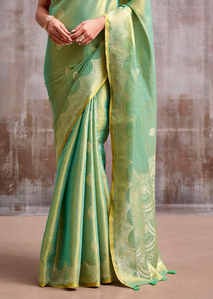 Shades of Green Tissue Silk Saree with Intricate Zari Artistry