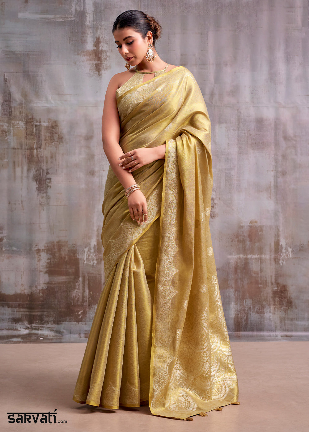 Shades of Brown Tissue Silk Saree with Intricate Zari Artistry