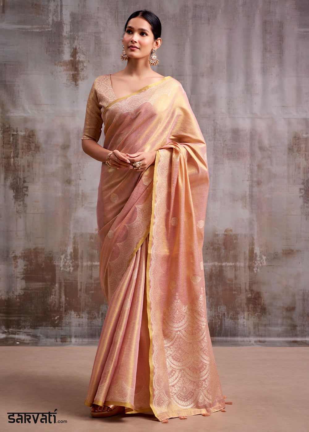 Shades of Pink Tissue Silk Saree with Intricate Zari Artistry