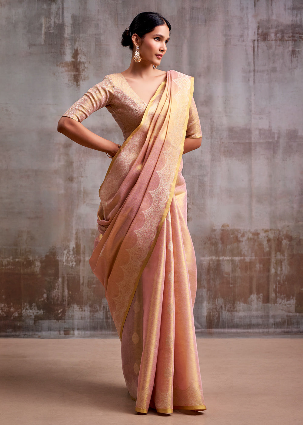 Shades of Pink Tissue Silk Saree with Intricate Zari Artistry