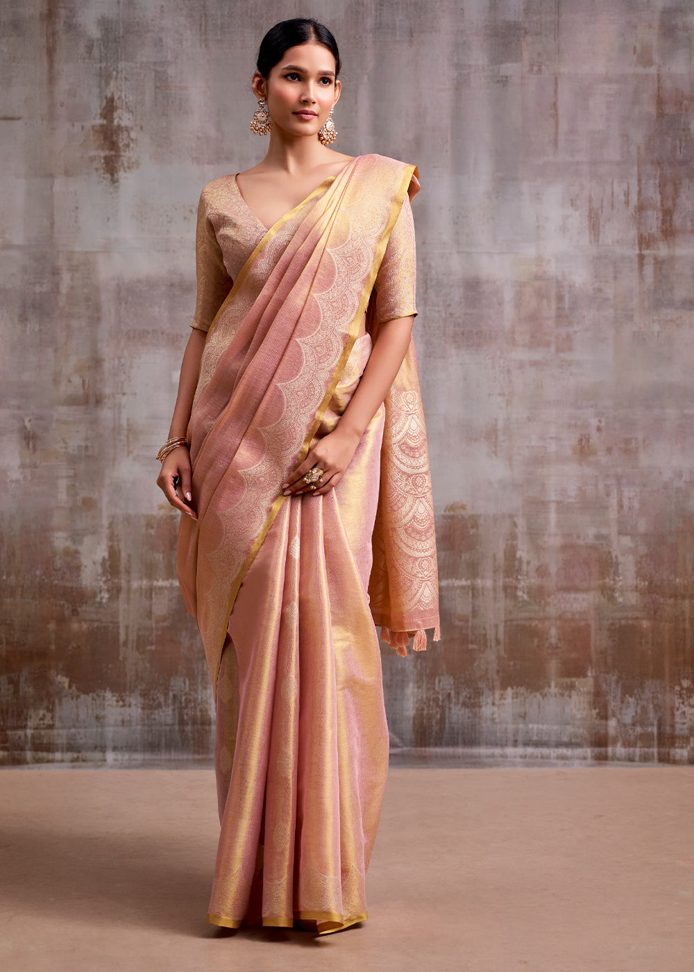 Shades of Pink Tissue Silk Saree with Intricate Zari Artistry