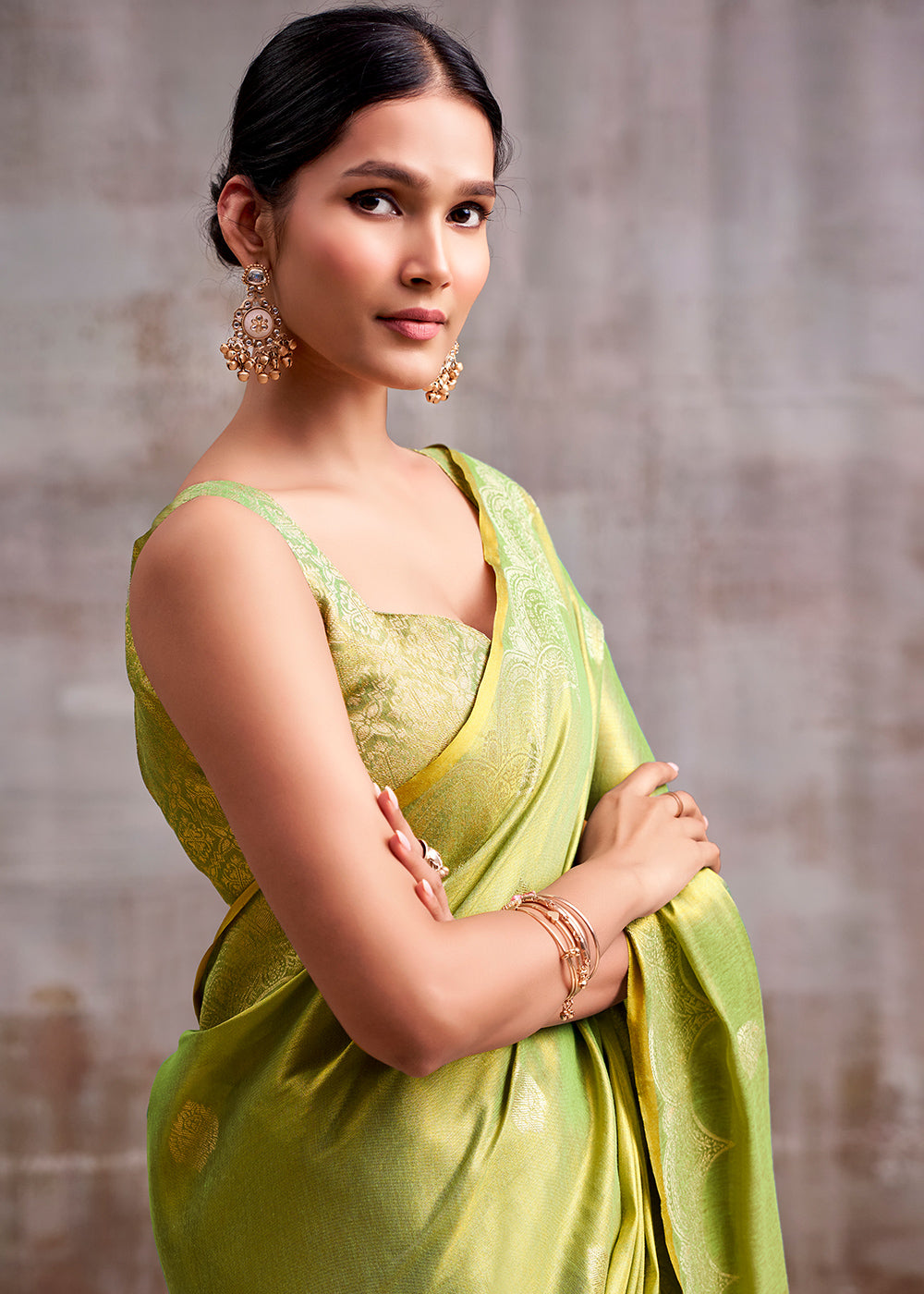 Light Green Tissue Silk Saree with Intricate Zari Artistry