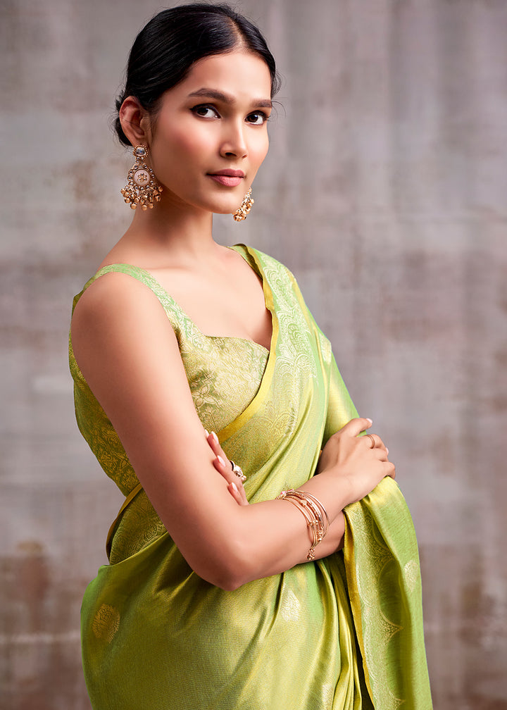 Light Green Tissue Silk Saree with Intricate Zari Artistry