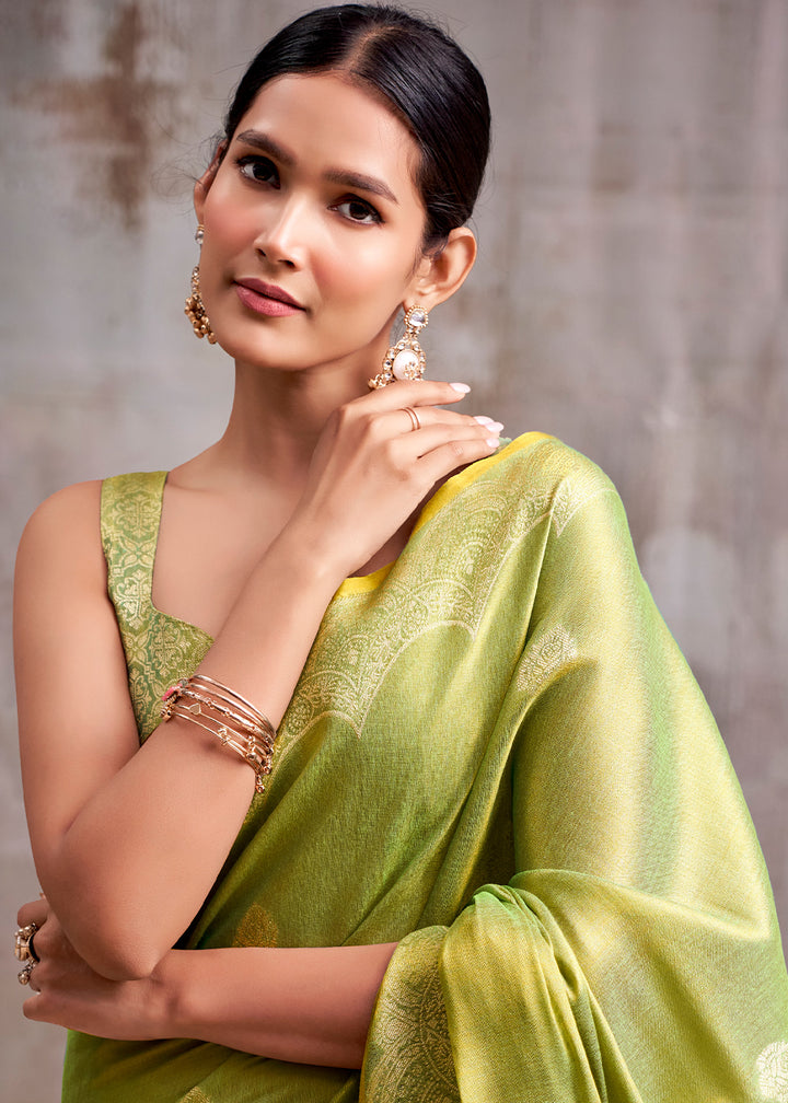 Light Green Tissue Silk Saree with Intricate Zari Artistry