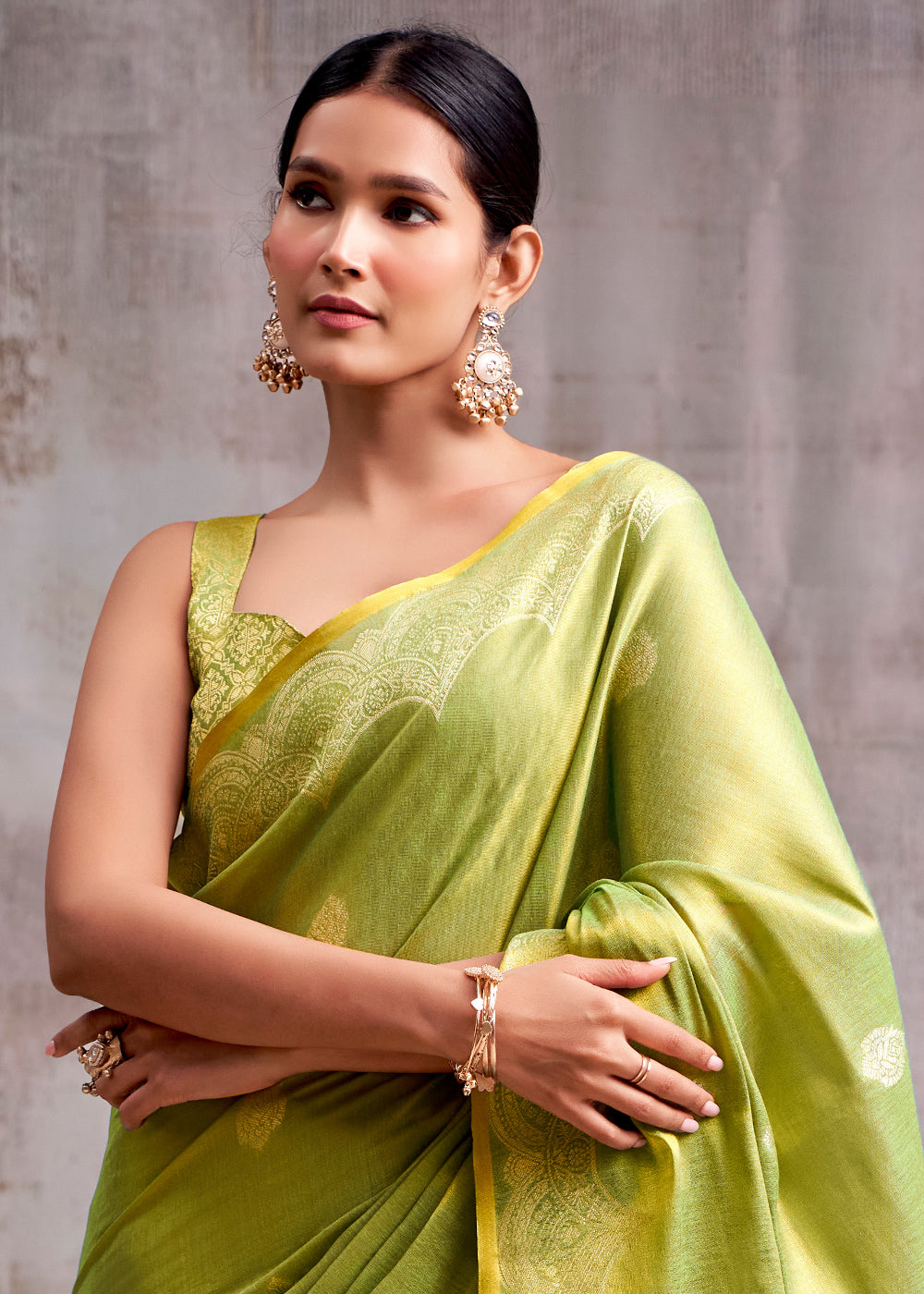 Light Green Tissue Silk Saree with Intricate Zari Artistry