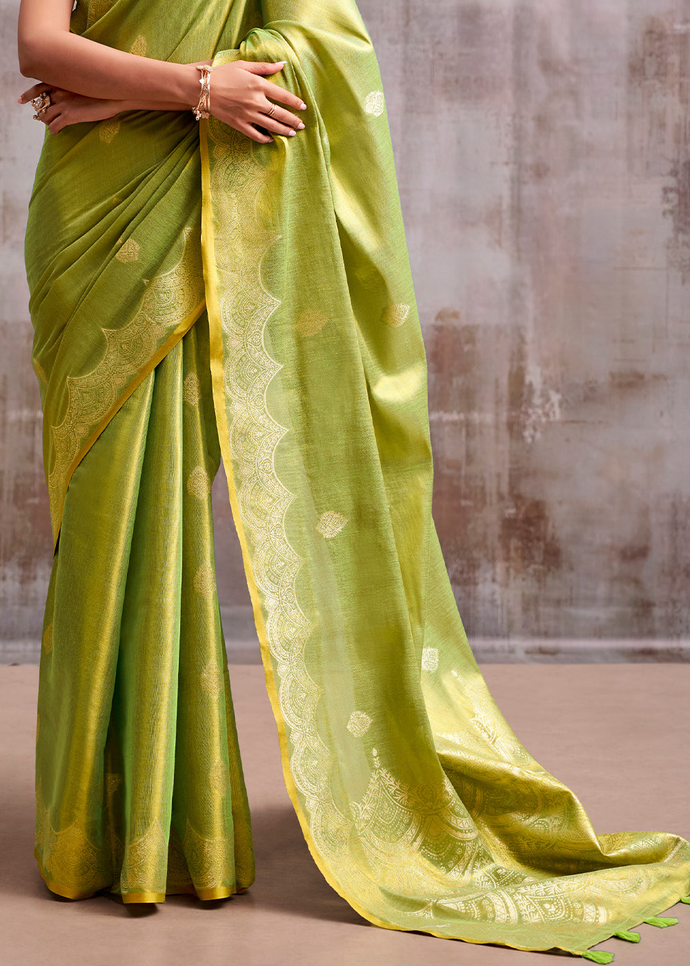Light Green Tissue Silk Saree with Intricate Zari Artistry