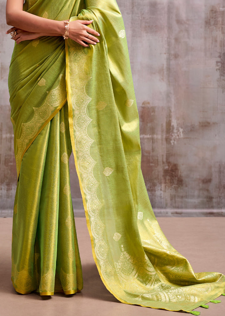 Light Green Tissue Silk Saree with Intricate Zari Artistry