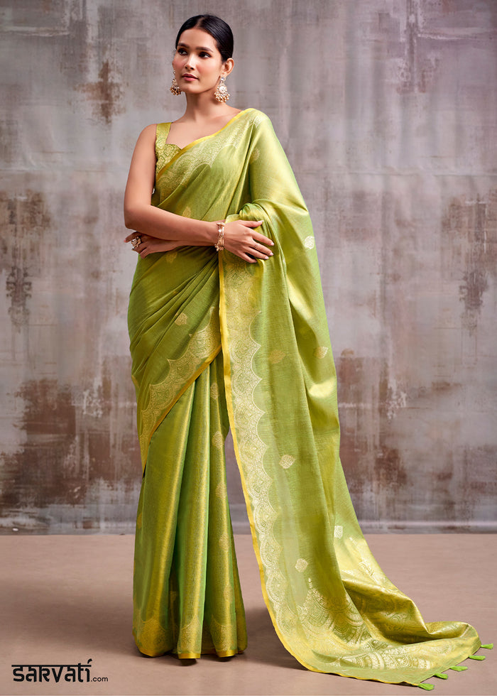 Light Green Tissue Silk Saree with Intricate Zari Artistry