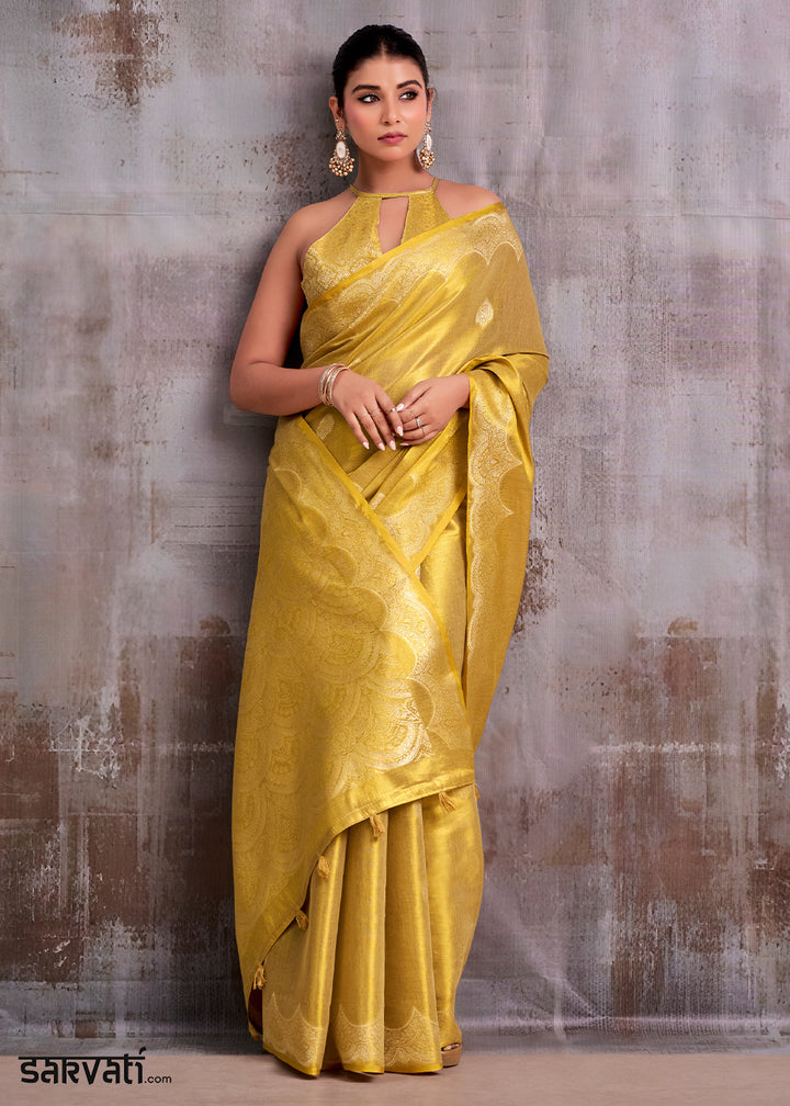 Mustard Golden Yellow Tissue Silk Saree with Intricate Zari Artistry