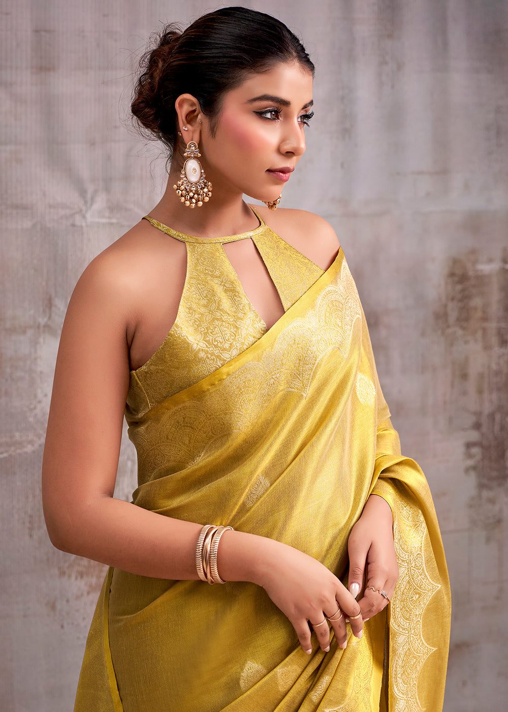 Mustard Golden Yellow Tissue Silk Saree with Intricate Zari Artistry
