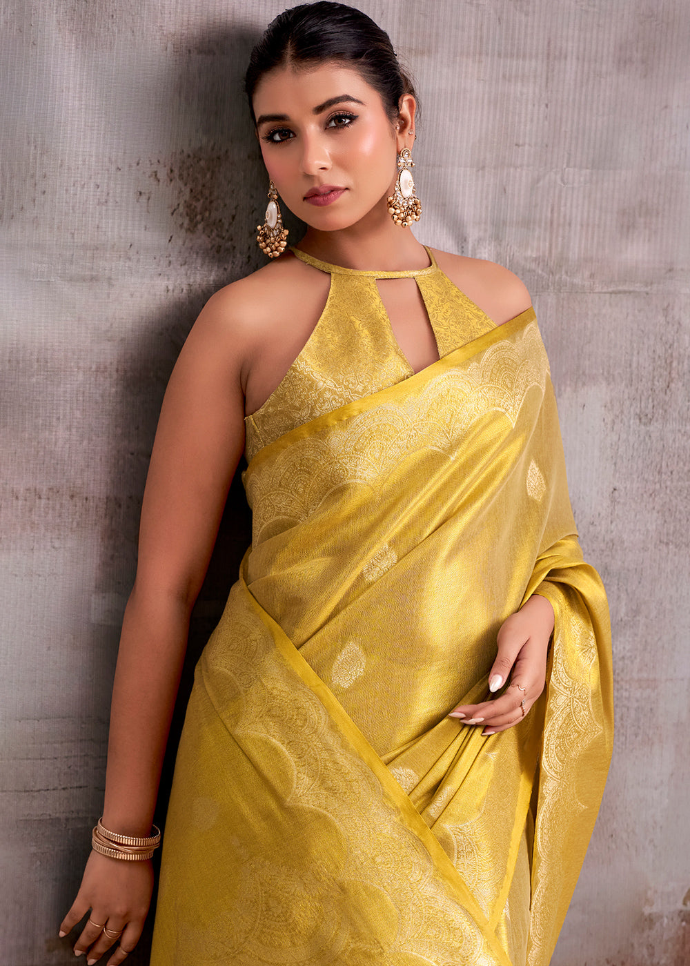 Mustard Golden Yellow Tissue Silk Saree with Intricate Zari Artistry