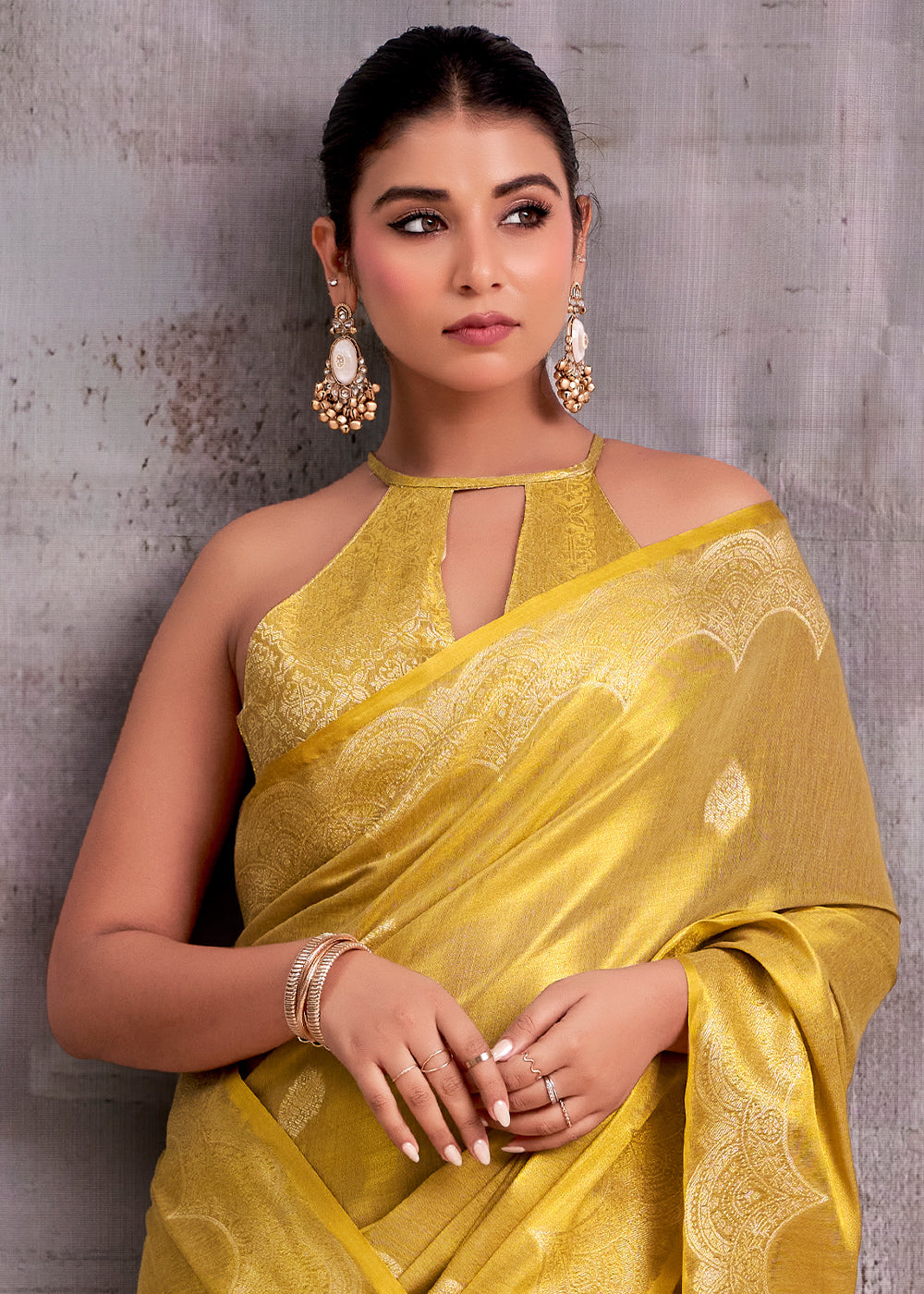 Mustard Golden Yellow Tissue Silk Saree with Intricate Zari Artistry