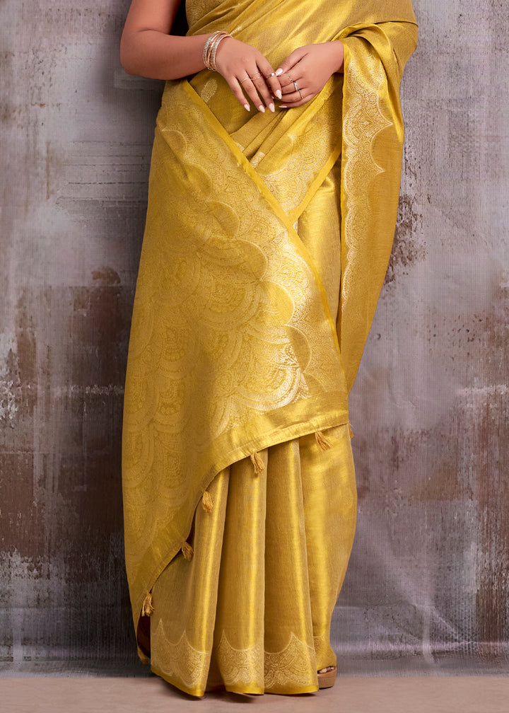 Mustard Golden Yellow Tissue Silk Saree with Intricate Zari Artistry