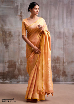 Tones Of Orange Tissue Silk Saree with Intricate Zari Artistry