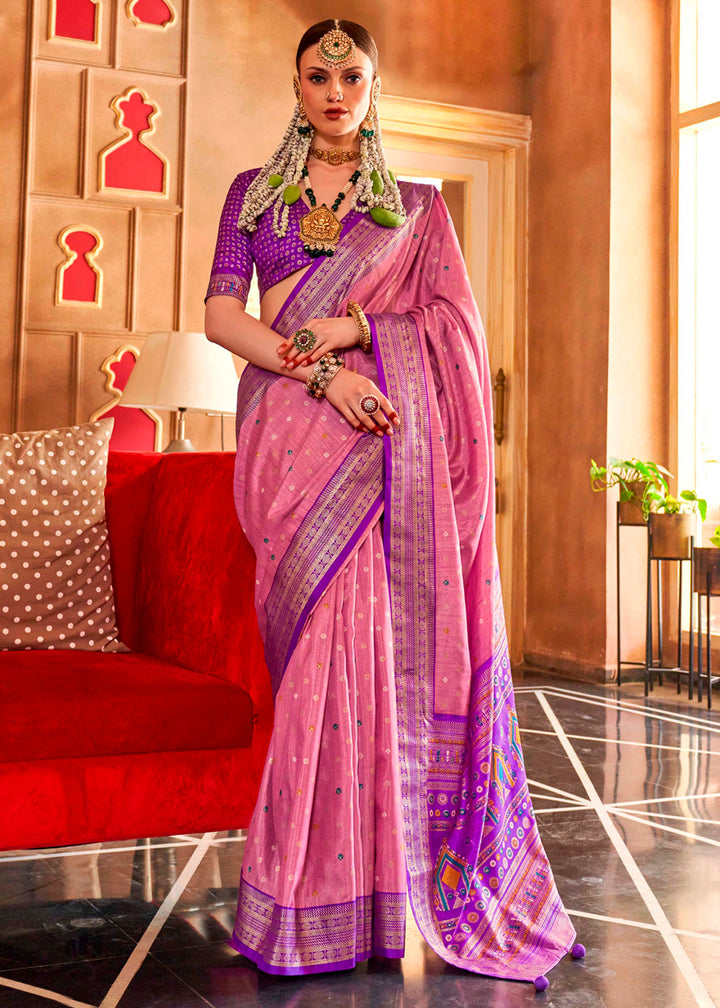 Orchid Purple Silk Saree Featuring Patola Pattern and Aqua-Finish Sambalpuri Pallu