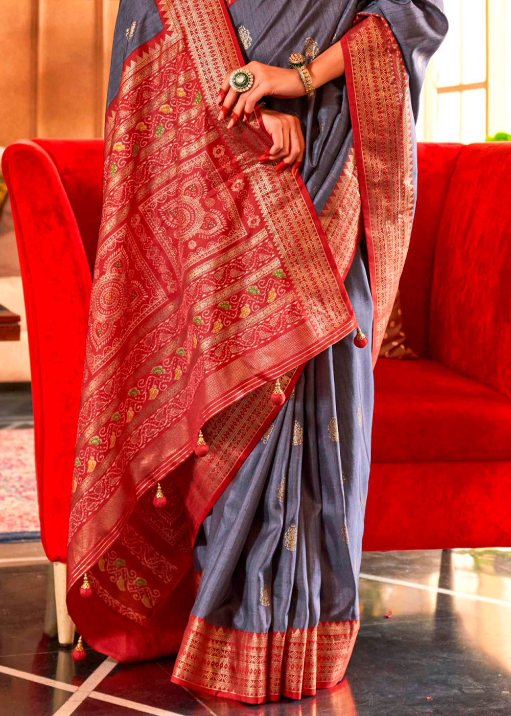 Rhythm Grey Silk Saree Featuring Patola Pattern and Aqua-Finish Sambalpuri Pallu