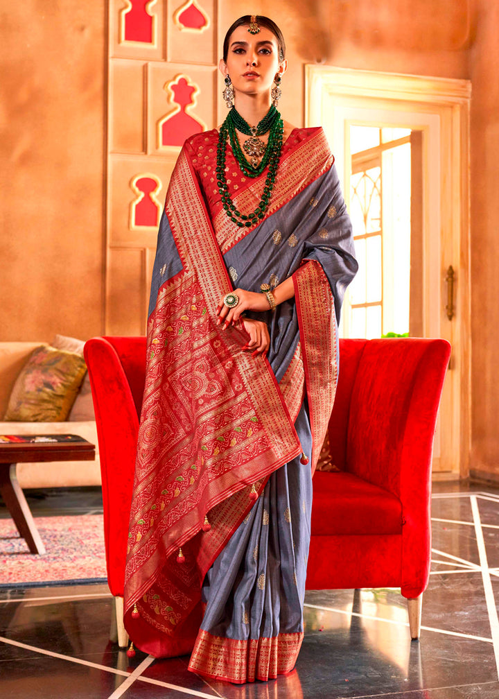 Rhythm Grey Silk Saree Featuring Patola Pattern and Aqua-Finish Sambalpuri Pallu