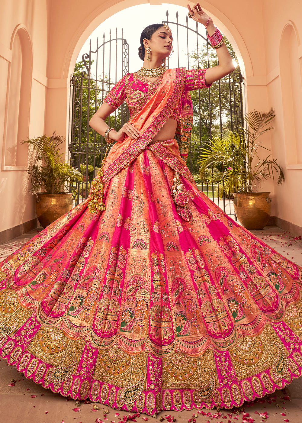 Multi-Tone Pink Banarasi Silk Lehenga with Exquisite Hand Embroidery