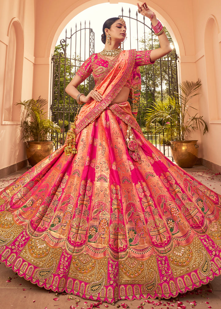 Multi-Tone Pink Banarasi Silk Lehenga with Exquisite Hand Embroidery