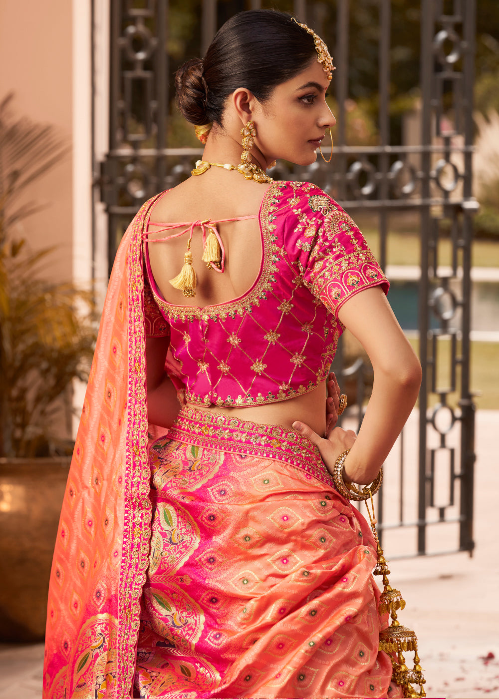 Multi-Tone Pink Banarasi Silk Lehenga with Exquisite Hand Embroidery