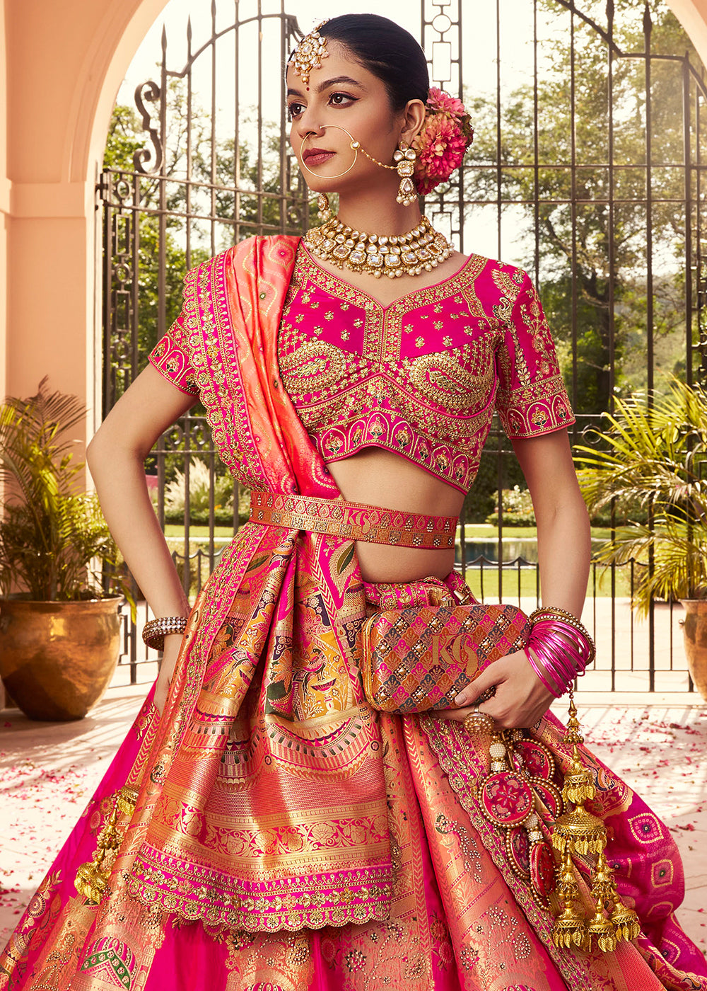 Multi-Tone Pink Banarasi Silk Lehenga with Exquisite Hand Embroidery