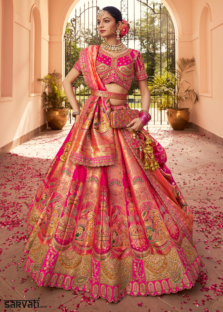 Multi-Tone Pink Banarasi Silk Lehenga with Exquisite Hand Embroidery