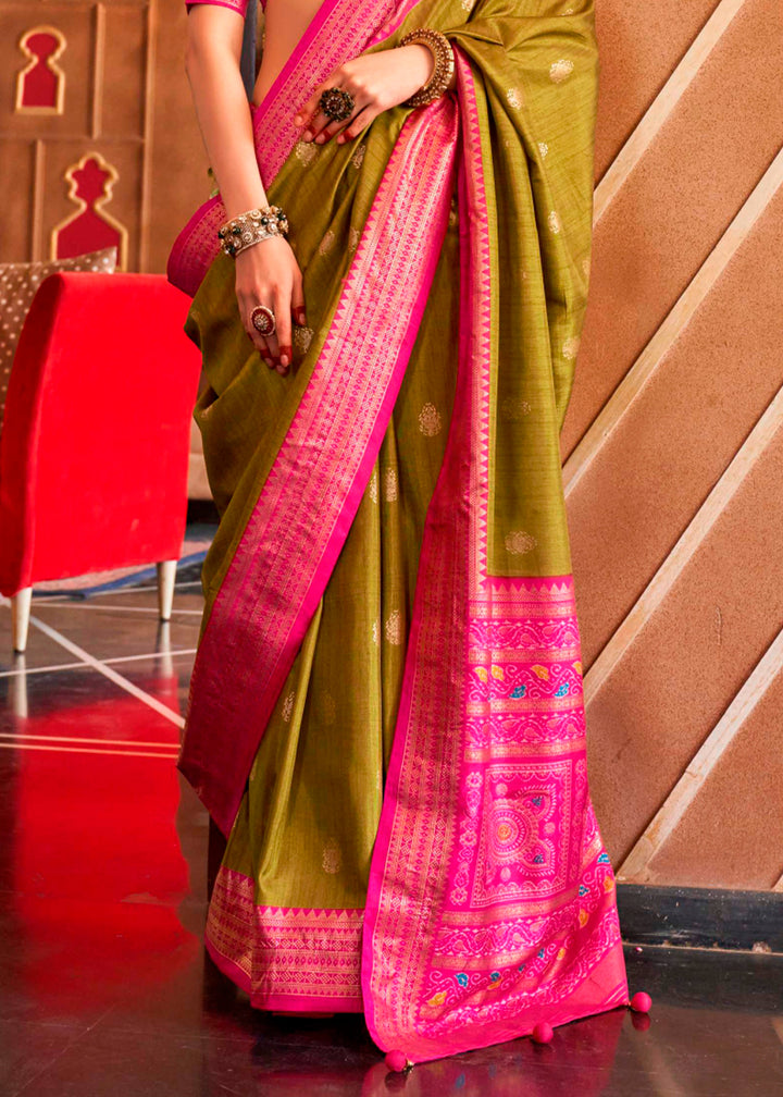 Olive Green Silk Saree Featuring Patola Pattern and Aqua-Finish Sambalpuri Pallu