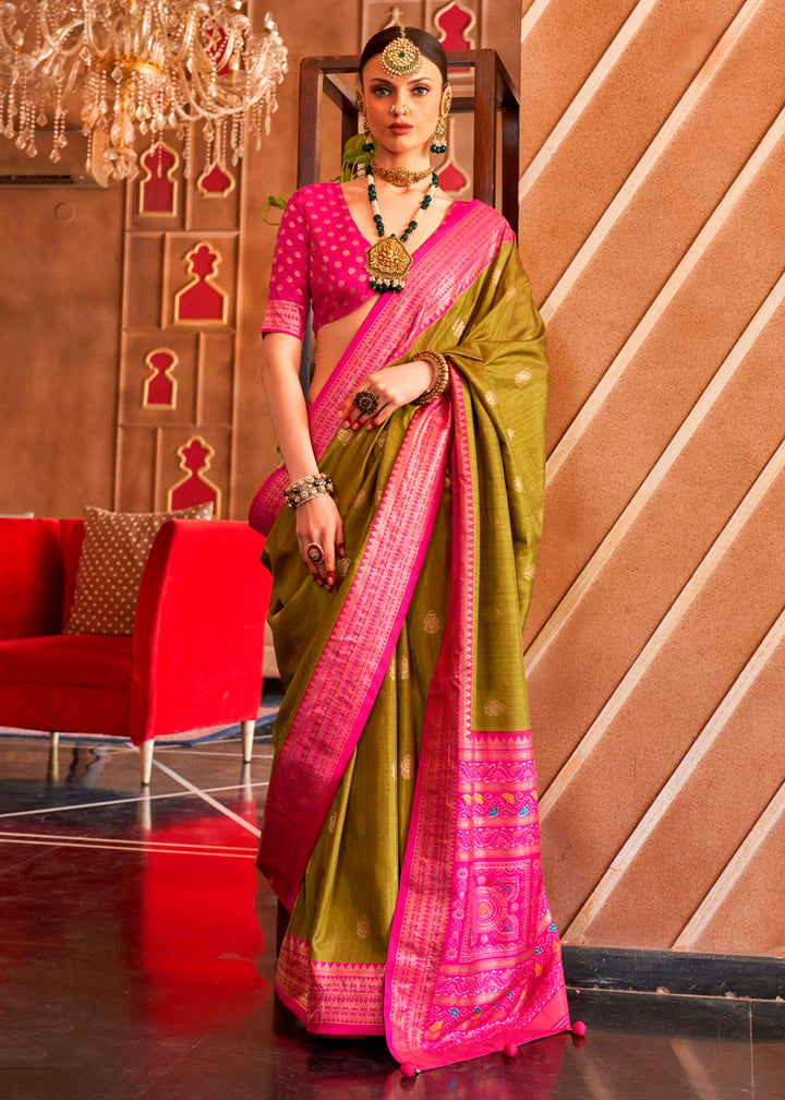 Olive Green Silk Saree Featuring Patola Pattern and Aqua-Finish Sambalpuri Pallu