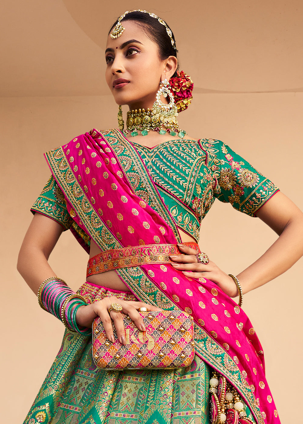 Sea Green Banarasi Silk Lehenga with Exquisite Hand Embroidery