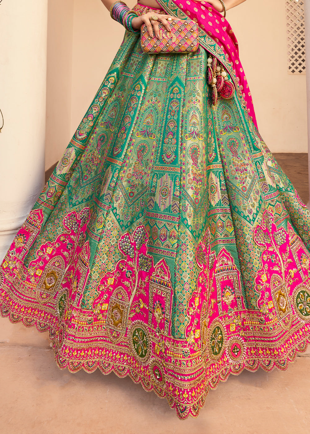 Sea Green Banarasi Silk Lehenga with Exquisite Hand Embroidery