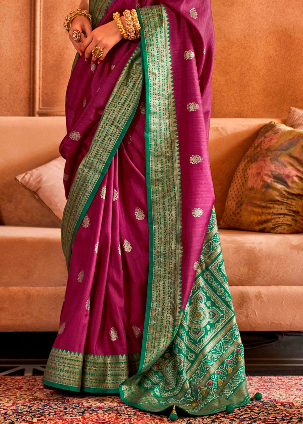 Resene Purple Silk Saree Featuring Patola Pattern and Aqua-Finish Sambalpuri Pallu