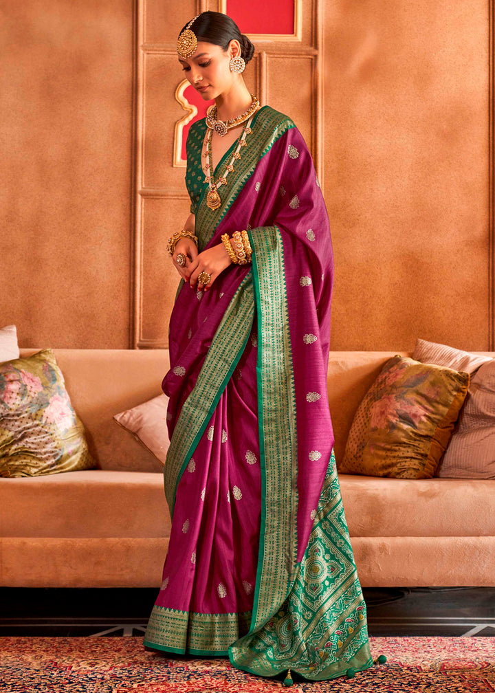 Resene Purple Silk Saree Featuring Patola Pattern and Aqua-Finish Sambalpuri Pallu