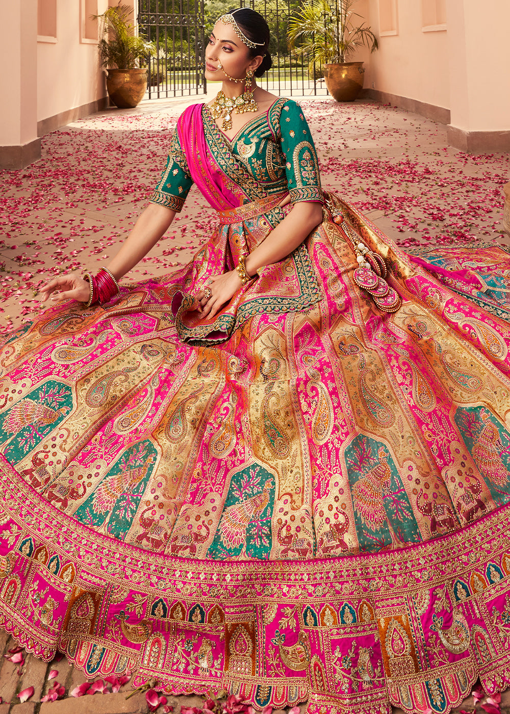 Beige Brown & Pink Banarasi Silk Lehenga with Exquisite Hand Embroidery