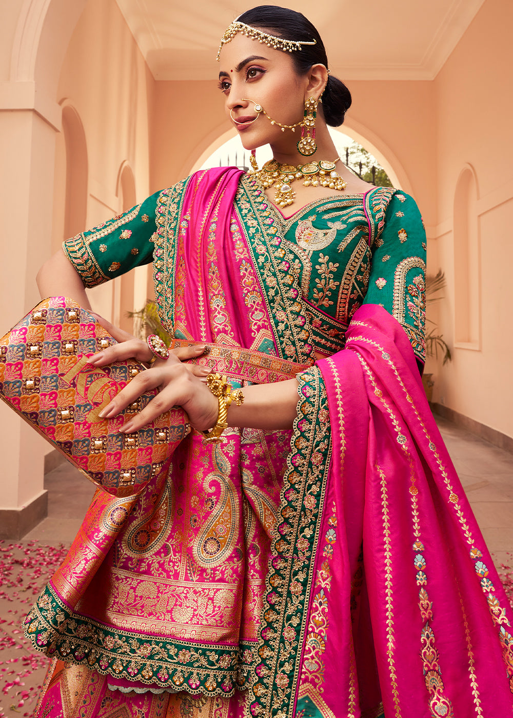 Beige Brown & Pink Banarasi Silk Lehenga with Exquisite Hand Embroidery