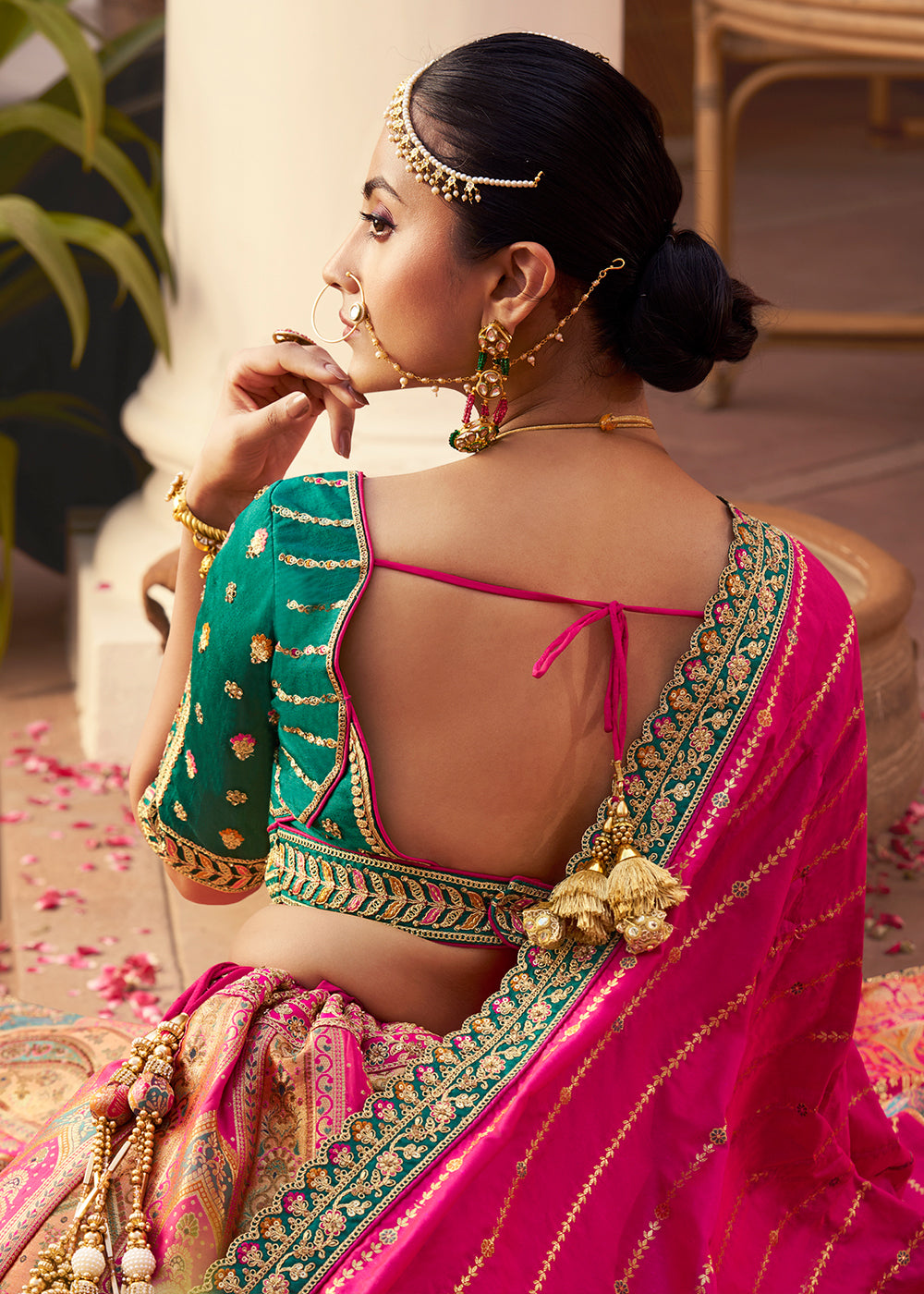 Beige Brown & Pink Banarasi Silk Lehenga with Exquisite Hand Embroidery