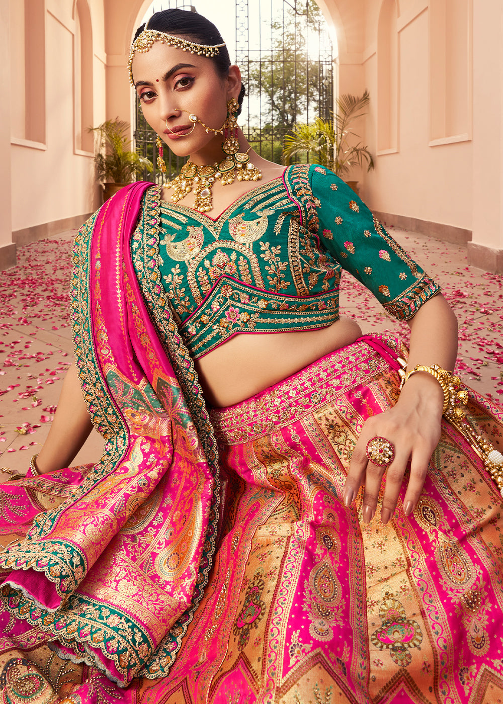 Beige Brown & Pink Banarasi Silk Lehenga with Exquisite Hand Embroidery