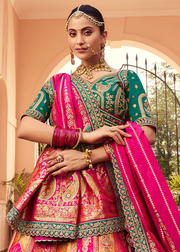Beige Brown & Pink Banarasi Silk Lehenga with Exquisite Hand Embroidery